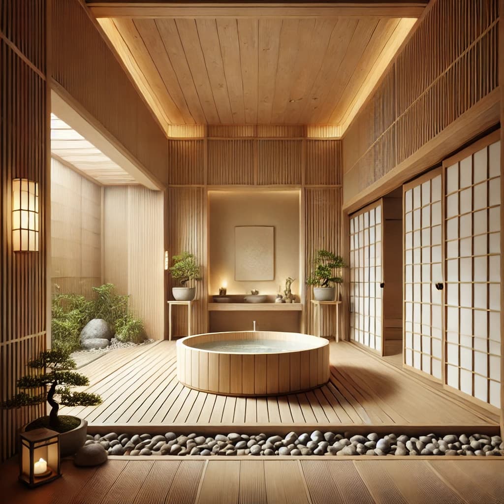 Badrum i japanskinspirerad stil med trärent uttryck, rena linjer och minimalistisk design