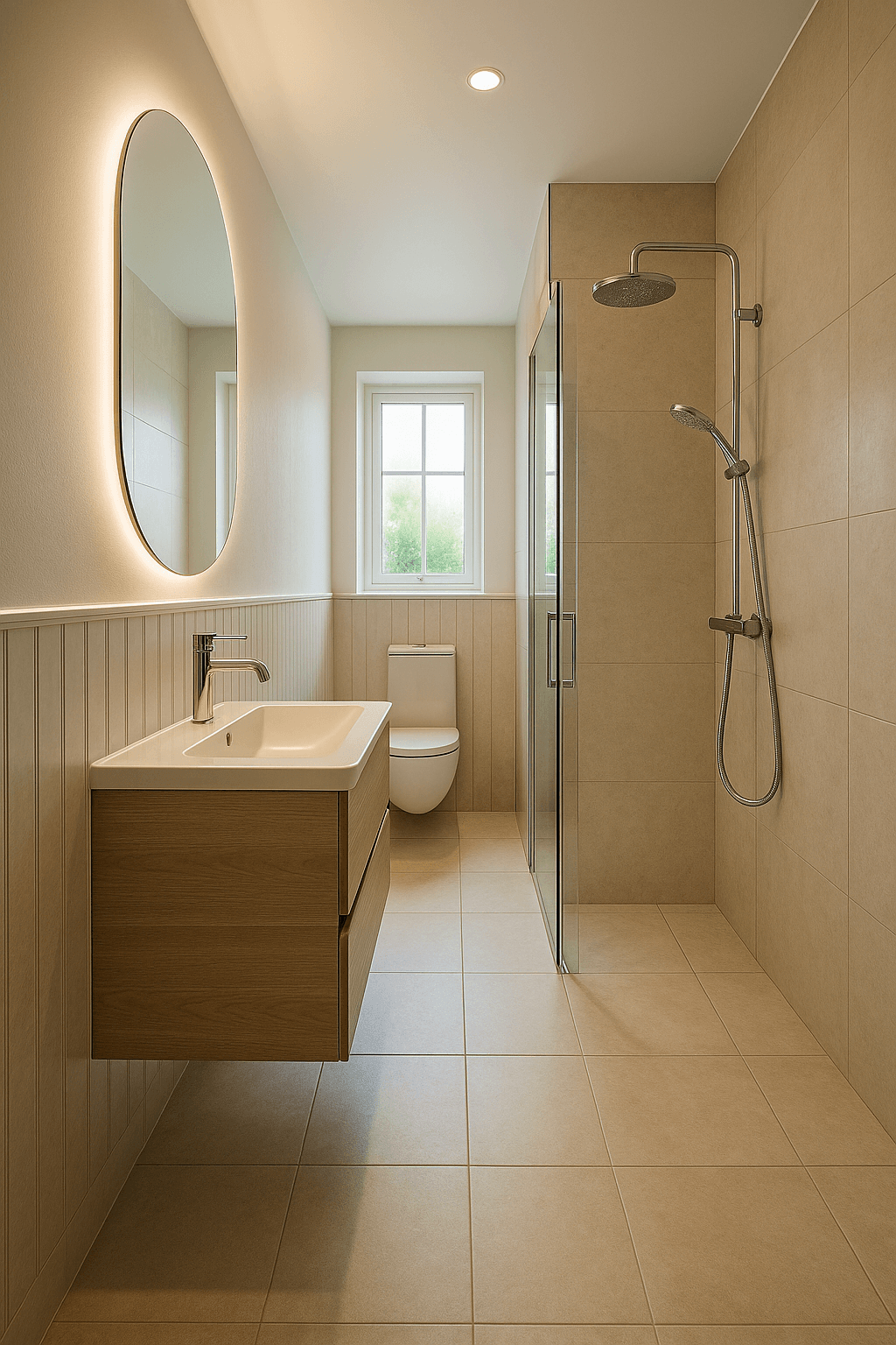 Ett långsmalt badrum